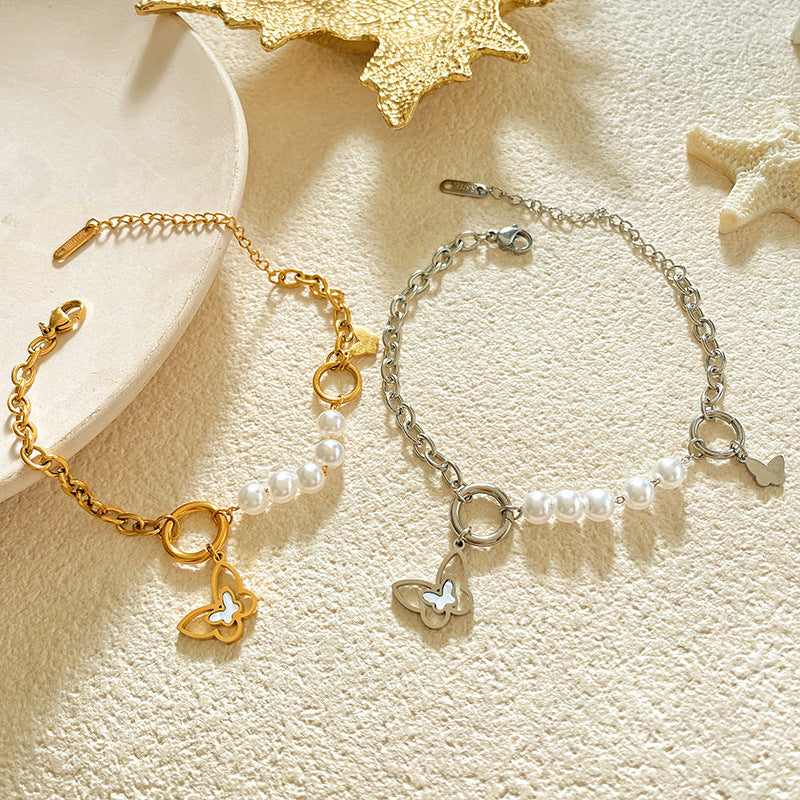Minimalist Gold Plated Titanium Steel Butterfly Bracelet with Mother of Pearl and Pearl Inlay