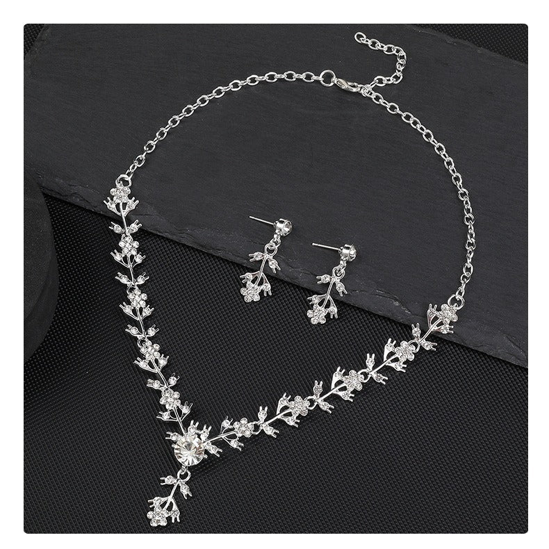 Elegant Luxury Floral Wedding Necklace and Earrings Set for Women with Alloy Pendant, Rhinestone Inlay, Plated Finish, and O-Chain