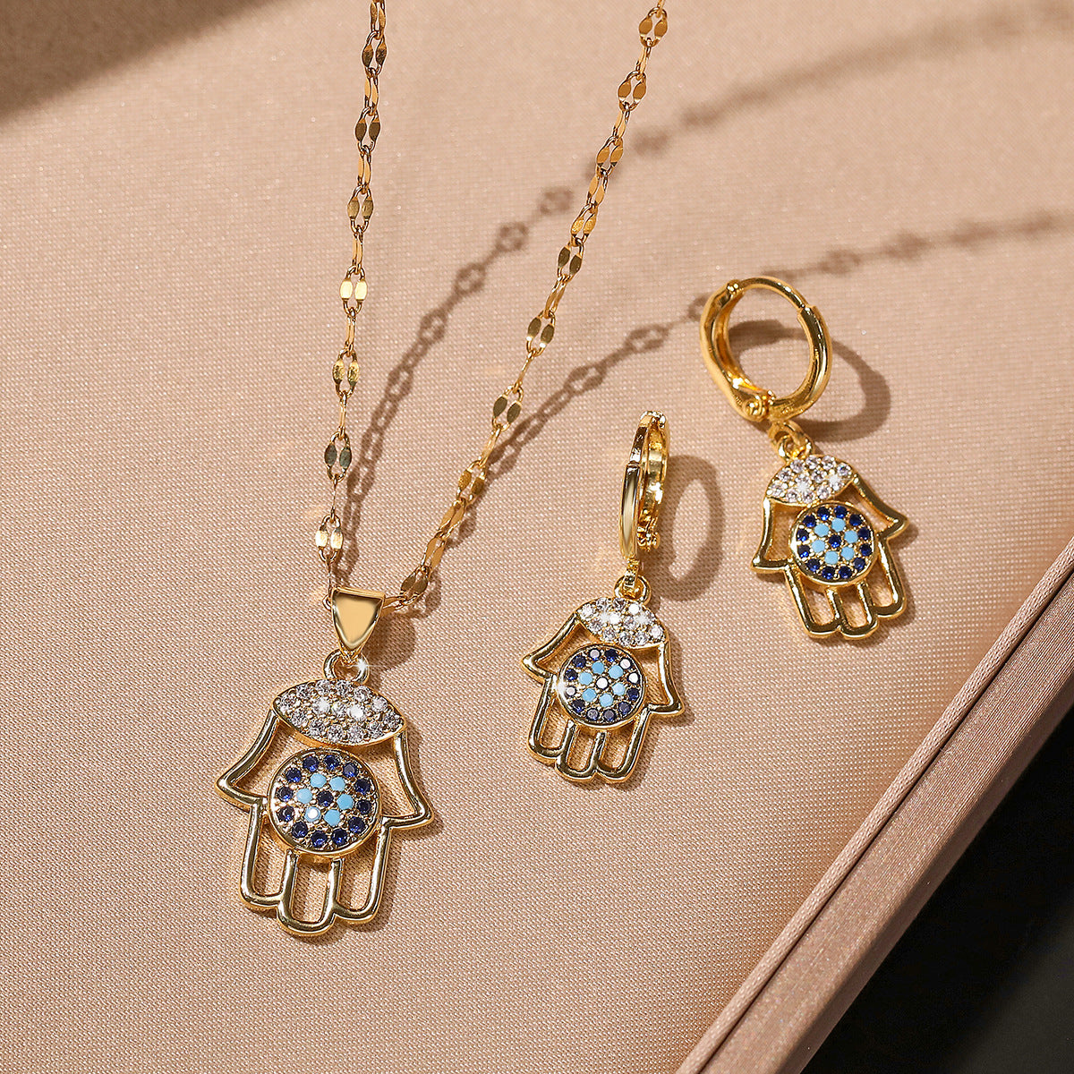 Minimalist Evil Eye Hand Palm Pendant Necklace and Earrings Set in Copper with 18K Gold Plating and Zircon Inlay