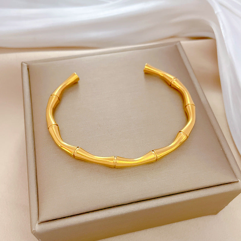 Minimalist Bamboo Joint Titanium Steel Bracelet with Chinese Traditional Auspicious Motifs and Plated Finish