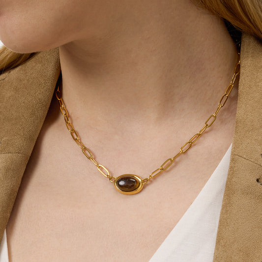 Geometric Oval Tiger Eye Pendant Necklace in Titanium Steel with Electroplated Finish for Women