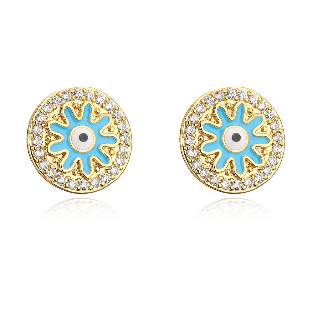 Orecchini a forma di occhio di Horo geometrici da donna realizzati in rame con placcatura in oro vero e finitura smaltata con intarsio di zirconi cubici