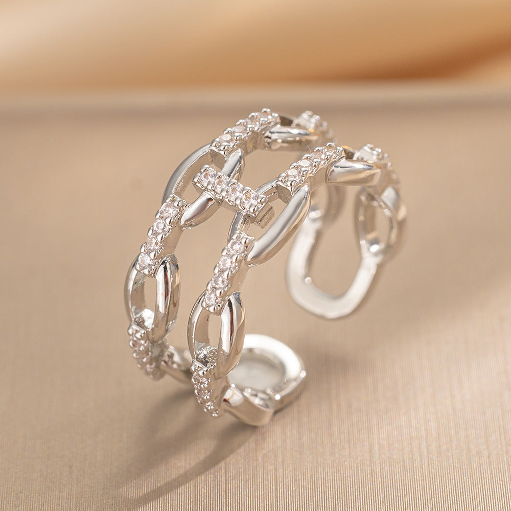 Luxury Minimalist Adjustable Open Ring for Women with Gold-Plated Copper Band and Zircon Stone Accent in Heart and Floral Shape