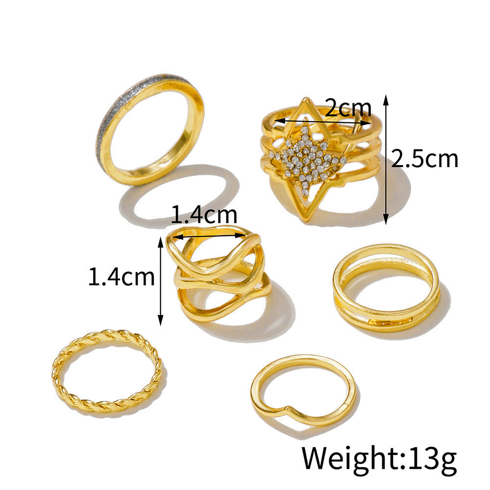 Vintage Geometric Round Rhinestone Inlay Plated Alloy Ring Set for Women