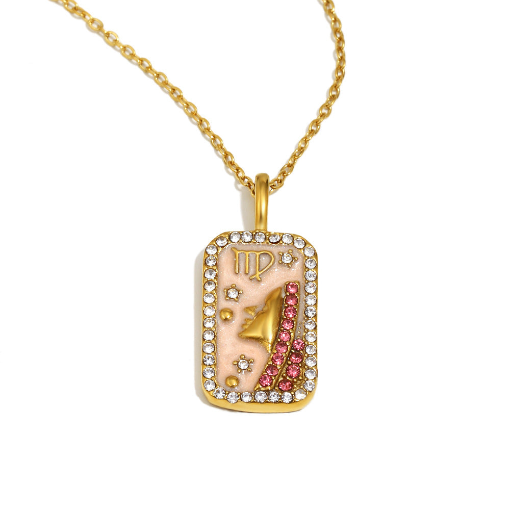 Collana con Pendente Minimalista Costellazione Zodiacale da Donna in Acciaio Inossidabile con Placcatura in Oro 18K e Intarsi in Smalto Dettagli in Strass Completi