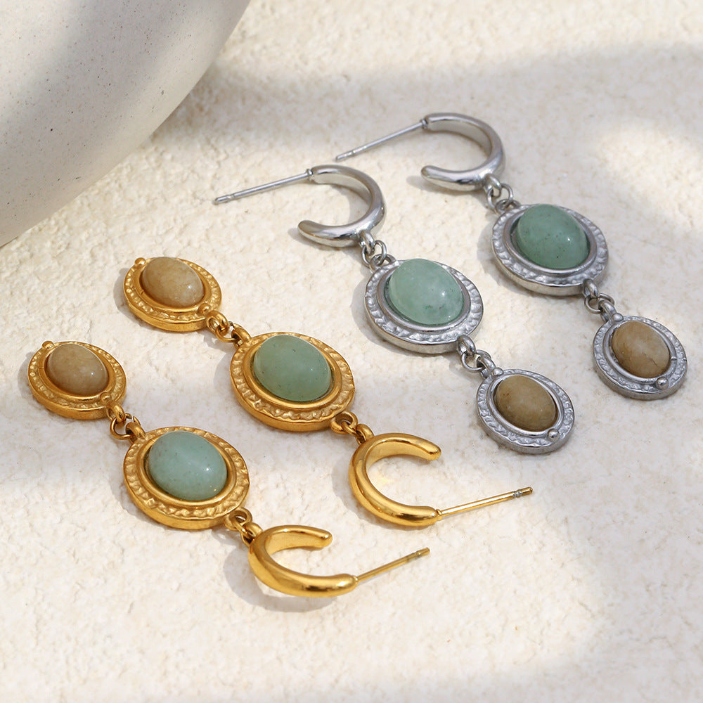 Minimalist Geometric Stainless Steel Earrings with 18K Gold Vacuum Plating and Natural Stone Accents for Women