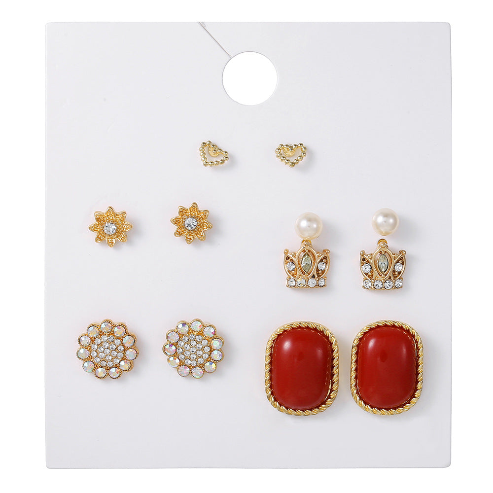 Minimalist Round Geometric Alloy Plated Earrings with Rhinestone and Pearl for Women
