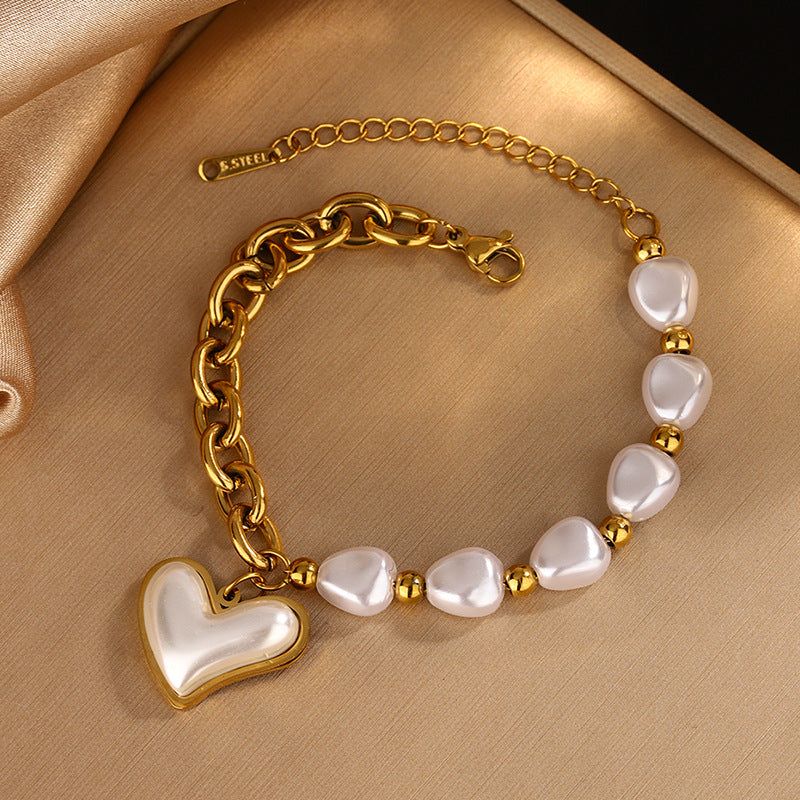 Luxury 18K Gold Plated Stainless Steel Heart Pendant Necklace and Bracelet Set with Resin Pearl for Women