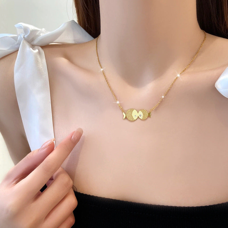 Minimalist Kissing Fish Pendant Necklace in Titanium Steel with Gold Plating for Women and Men