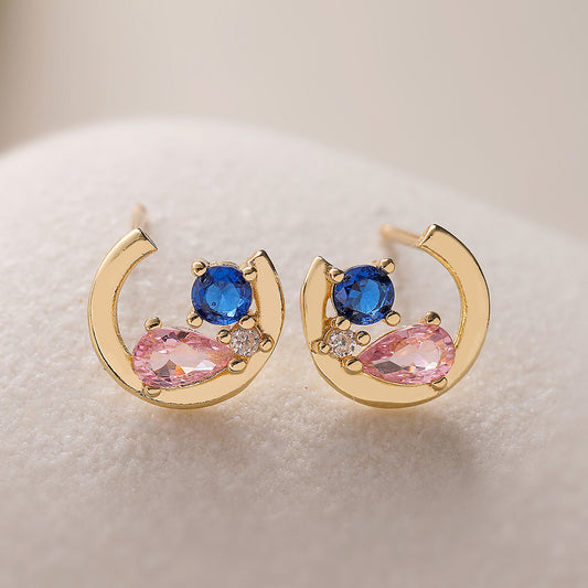 Orecchini a perno geometrici minimalisti da donna in rame con placcatura in oro 18K e intarsio di zirconi