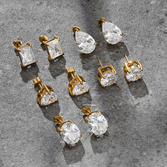Minimalist Geometric Stainless Steel Stud Earrings with Zircon Accents Plated in 18K Gold for Women