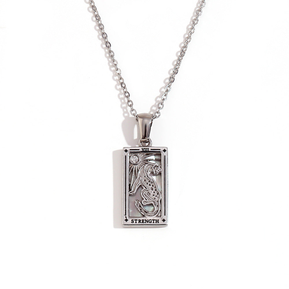 Vintage Tarot Card Pendant Necklace for Women Stainless Steel with 18K Gold Plating Geometric Four-Sided Design Fashion Office Style