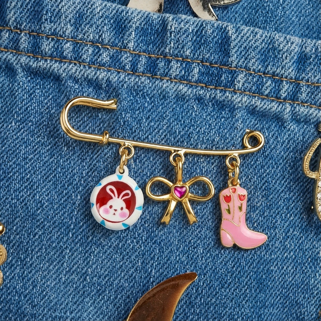 Vintage 18K Gold Plated Stainless Steel Floral Cat Charm Bar