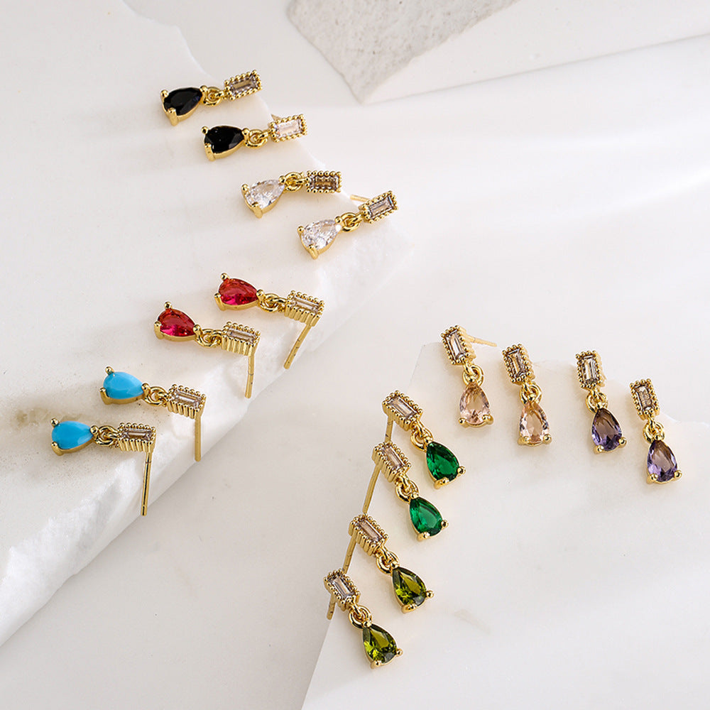 Orecchini Pendenti a Goccia Geometrici Minimalisti da Donna, Base in Rame con Placcatura in Oro 18K e Intarsio in Zirconi