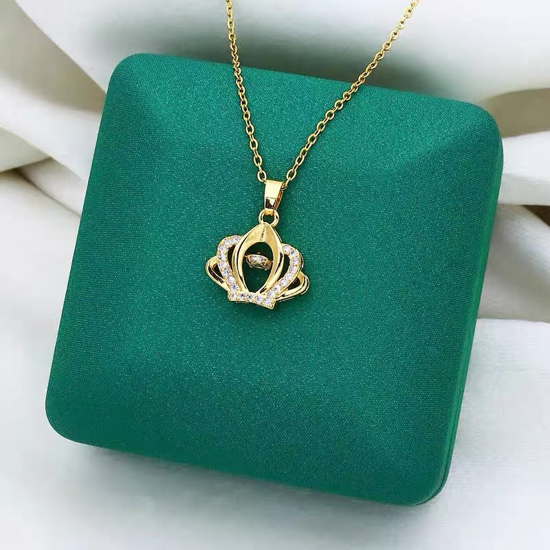 Minimalist Crown Pendant Necklace for Women in Titanium Steel with Gold Plating, Adjustable Clavicle Chain