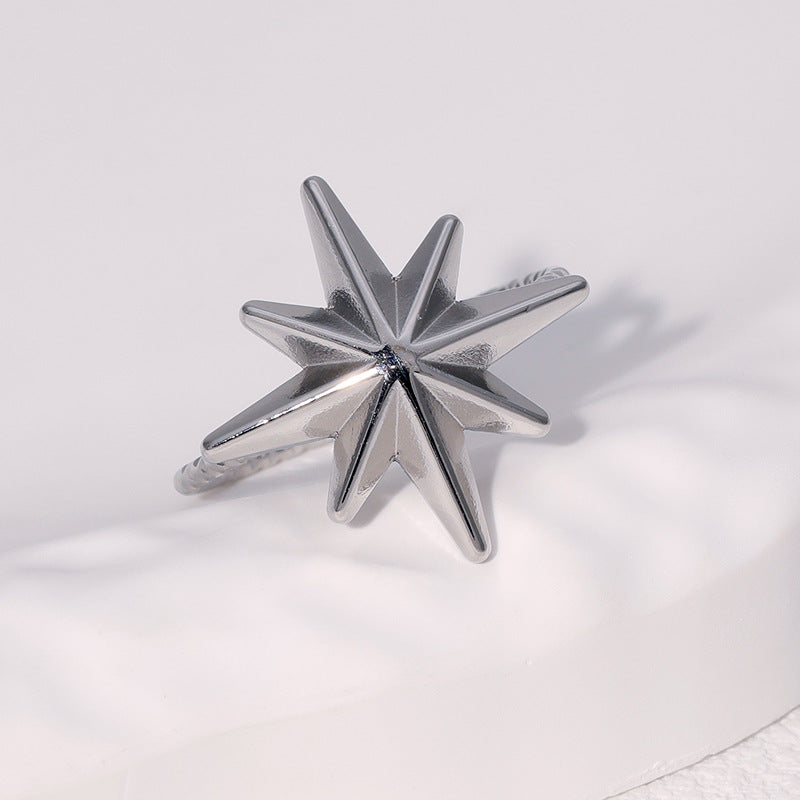 Anello Minimalista con Stella a Otto Punte in Acciaio Inossidabile da Donna con Finitura Placcata e Fascia Aperta Regolabile