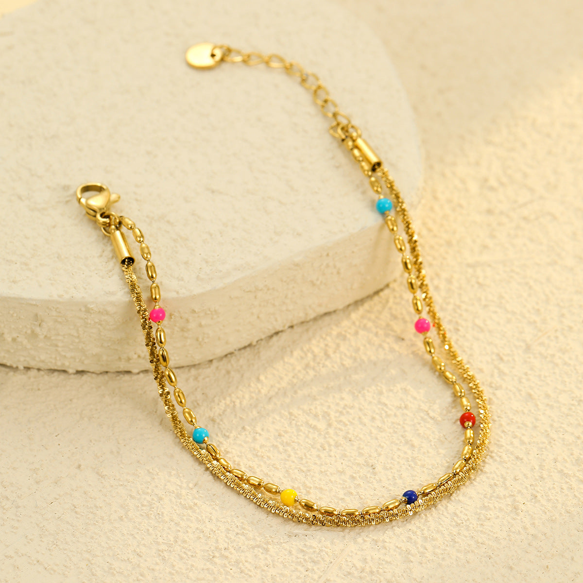 Bracciale da donna stile OL alla moda con perline, base in acciaio inossidabile, finitura placcata oro 18 carati, perline Miyu colorate, costruzione in acciaio al titanio