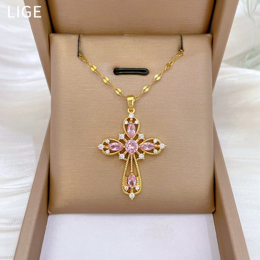 Luxury Sweet Cross Pendant Necklace in Titanium Steel with Rhinestone Inlay on Collar Chain