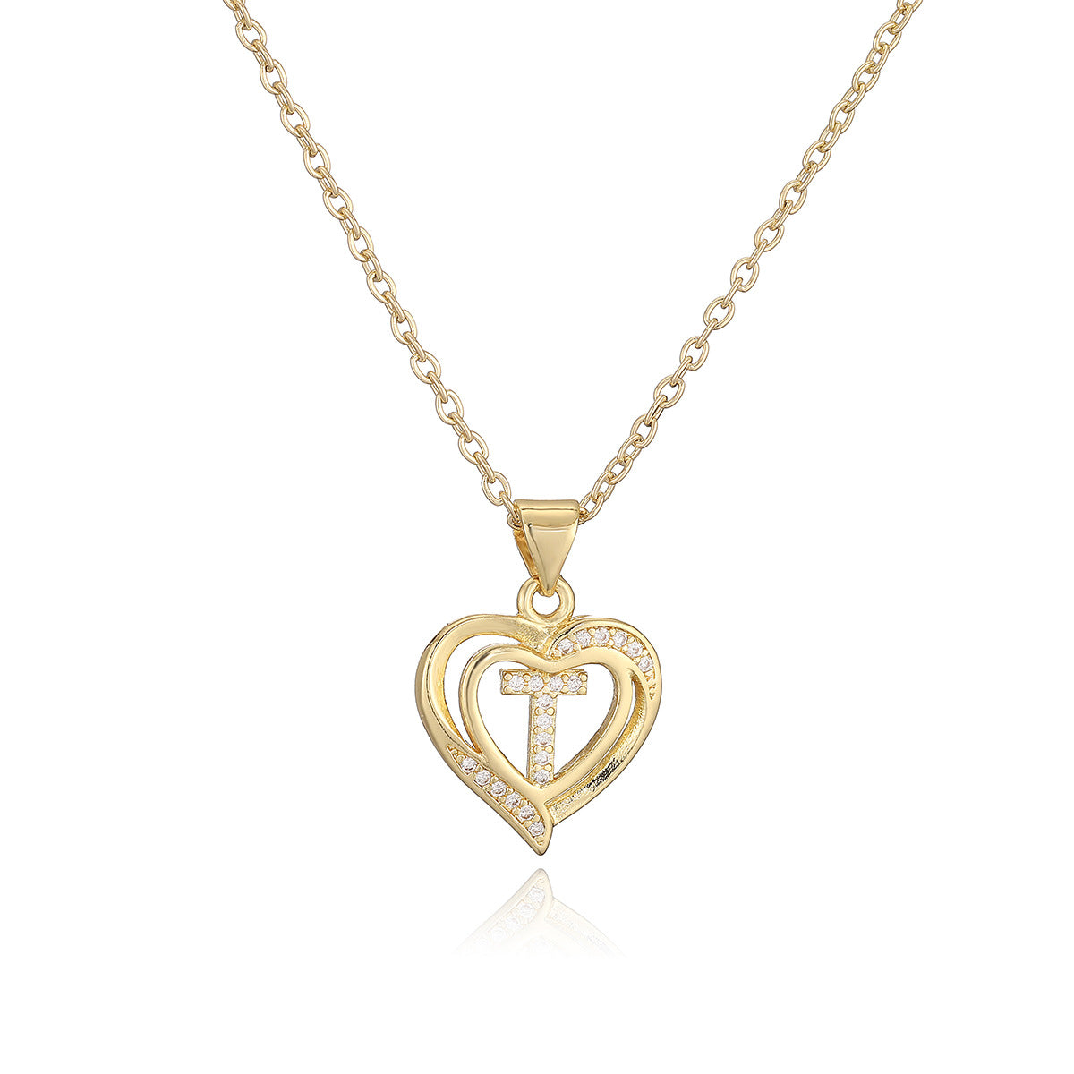 Collana con Pendente Minimalista in Rame, Placcatura in Oro 18K e Dettagli in Zircone a Forma di Cuore e Lettera per Donne