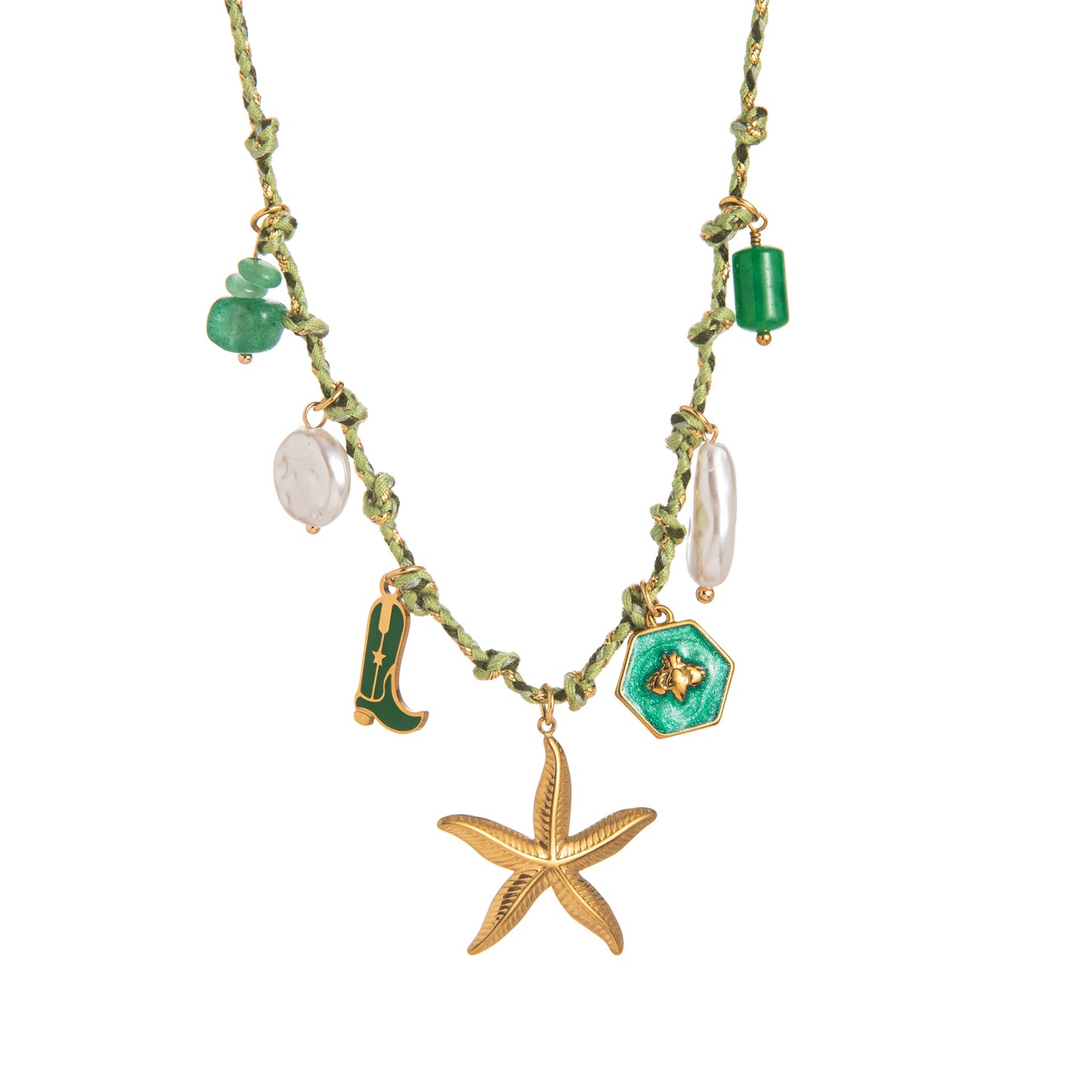 Minimalist Star Pearl Heart Pendant Necklace in Titanium Steel with Plated Finish on Colorful Dopamine Cord