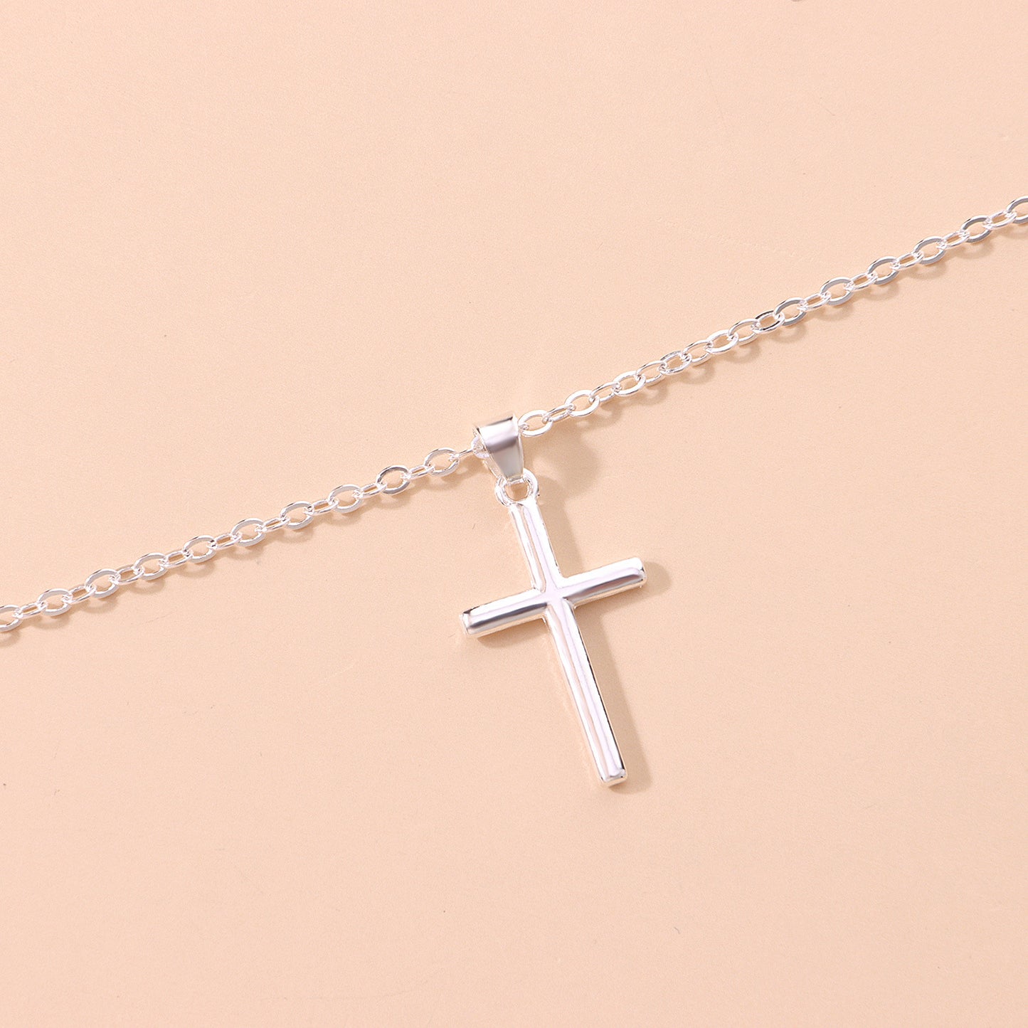 Minimalist Long Layered Necklace with Geometric Cross Pendant in Alloy with Plated Finish for Women