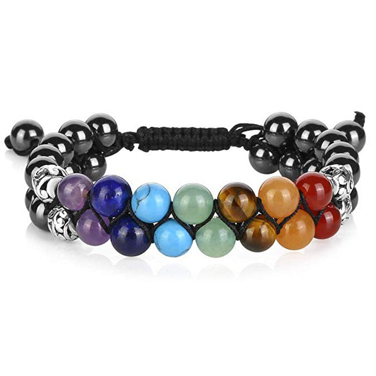 Minimalist Natural Volcanic Lava Stone and White Turquoise Woven Double Layer Adjustable Bracelet