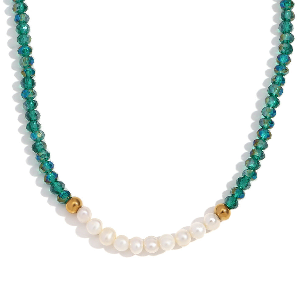Minimalist Geometric Stainless Steel Pendant Necklace with Ten Freshwater Pearls and Green Faceted Crystals, Electroplated Finish