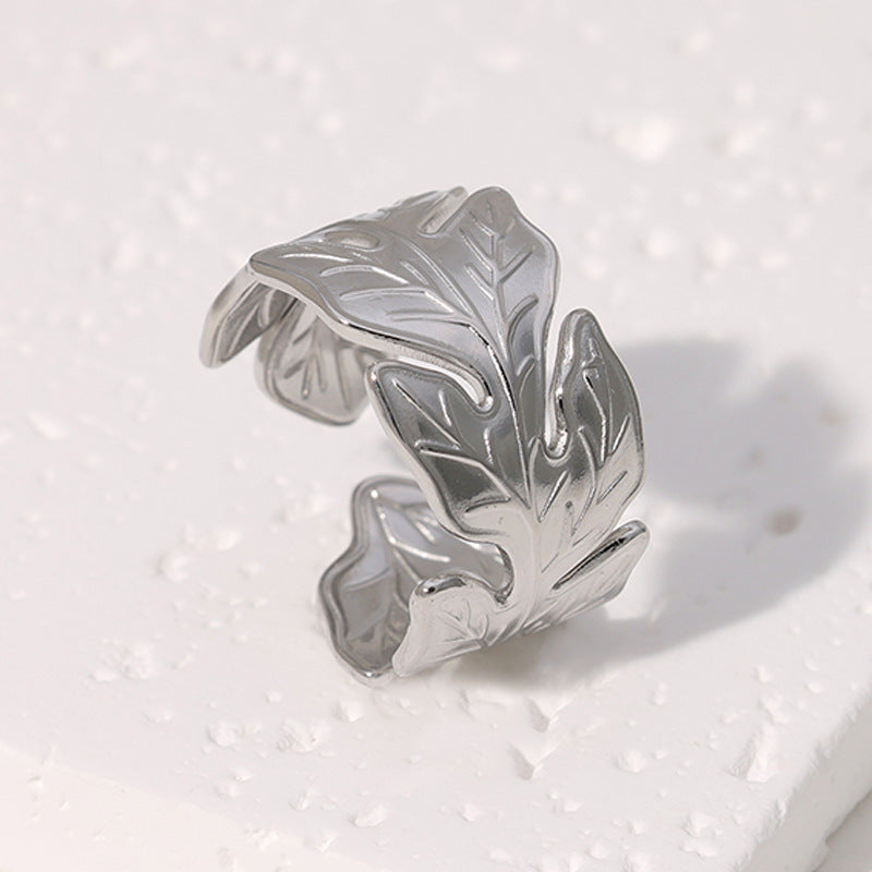 Minimalist Leaf-Shaped Stainless Steel Ring with Plated Finish for Women Tropical Vacation Style