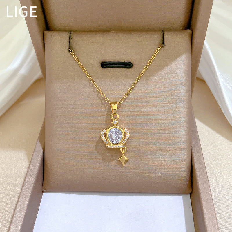 Collar con colgante de lujo estrella corona diamantes de imitación cadena de acero titanio estilo celestial