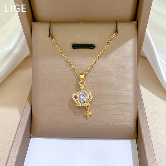 Collar con colgante de lujo estrella corona diamantes de imitación cadena de acero titanio estilo celestial