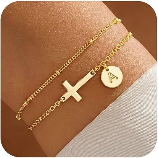 Minimalist Sweet Stainless Steel Plated Cross Letter Charm Bracelet for Women