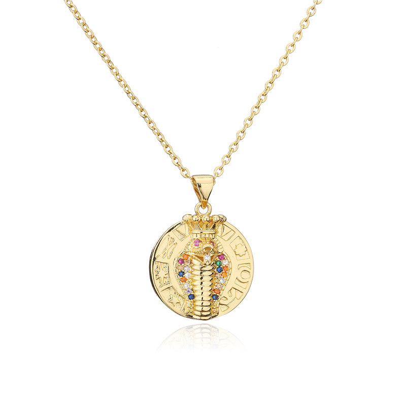 Vintage Punk Geometric Brass Micro-inlay Cobra King Pendant Necklace with Box Chain