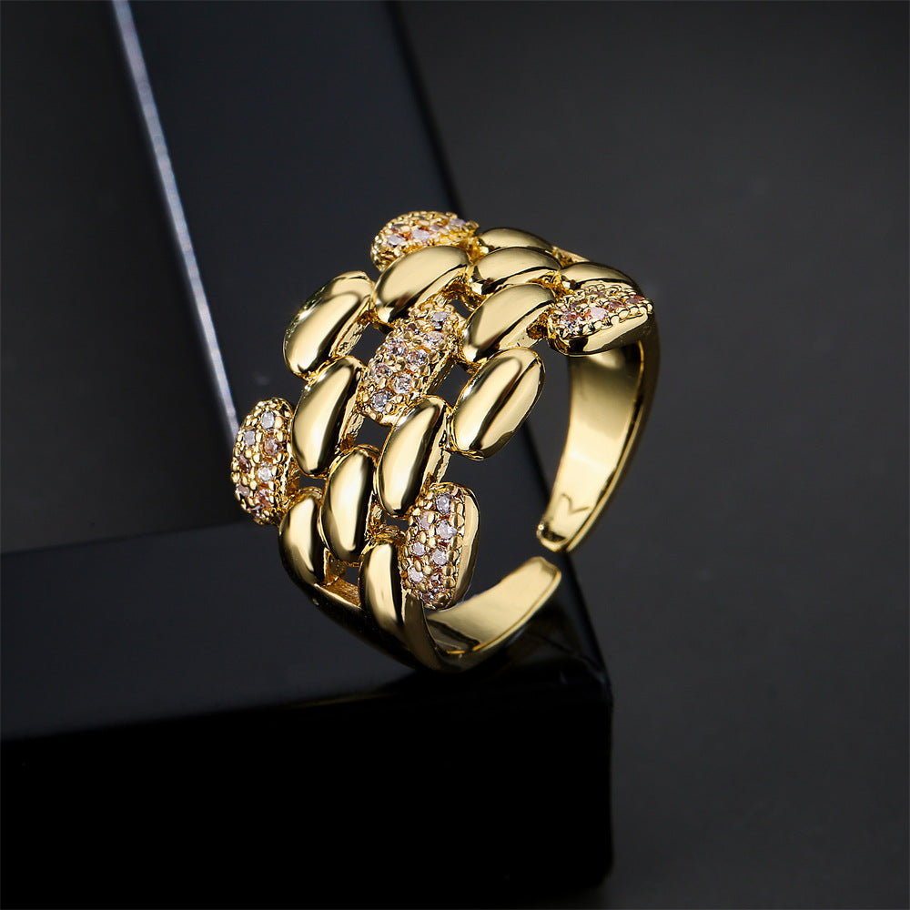 Minimalist Geometric 18K Gold Plated Brass Ring with Micro-inlaid Cubic Zirconia for Women