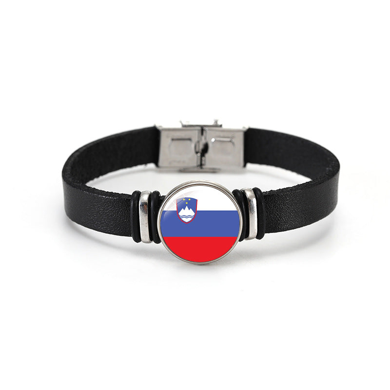 Geometric Plated Leather Bracelet Unisex World Cup Flag Design Casual Wristband