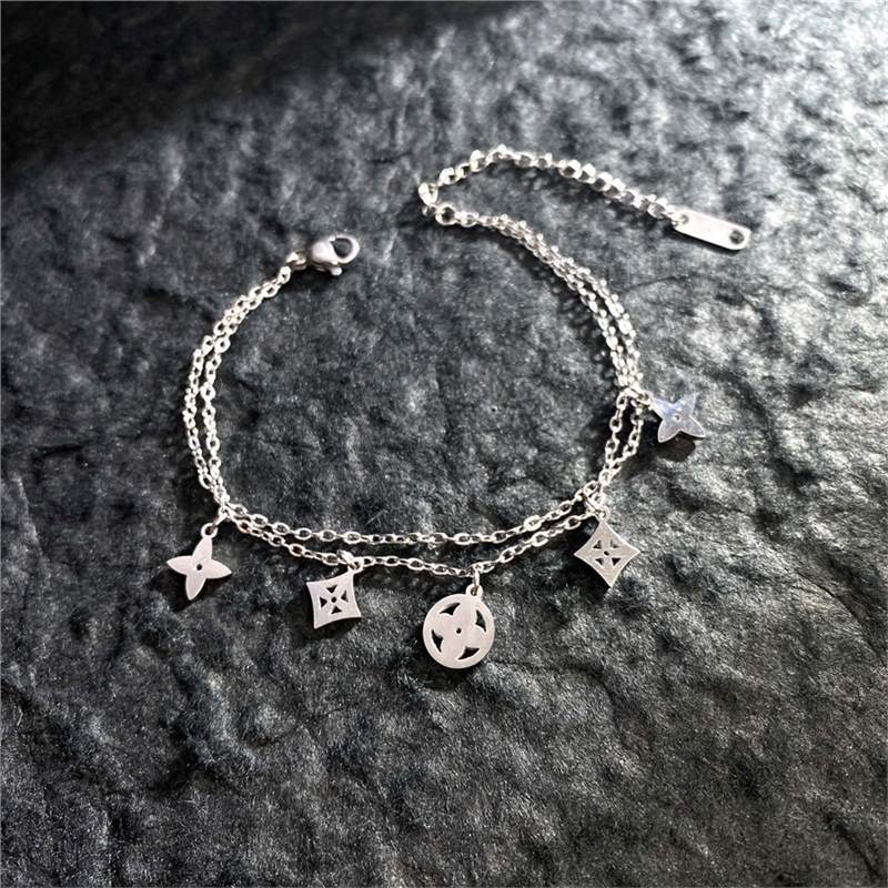 Original Design Geometric Four-Leaf Clover Roman Numeral Double-Layer Bracelet in Titanium Steel with Gold Plating