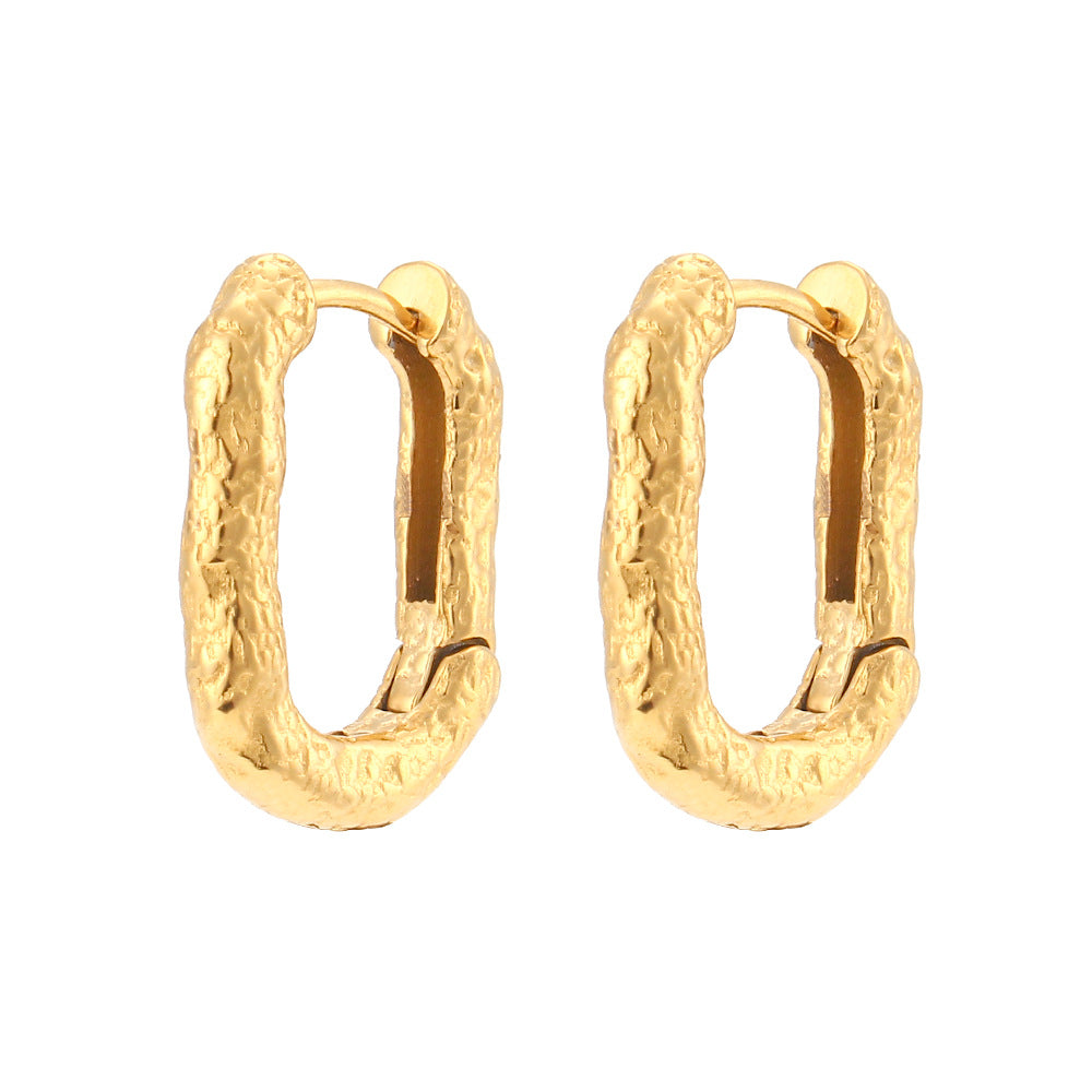 Vintage-Inspired Geometric Stainless Steel Hoop Earrings with Distressed Texture and Polished Finish for Women