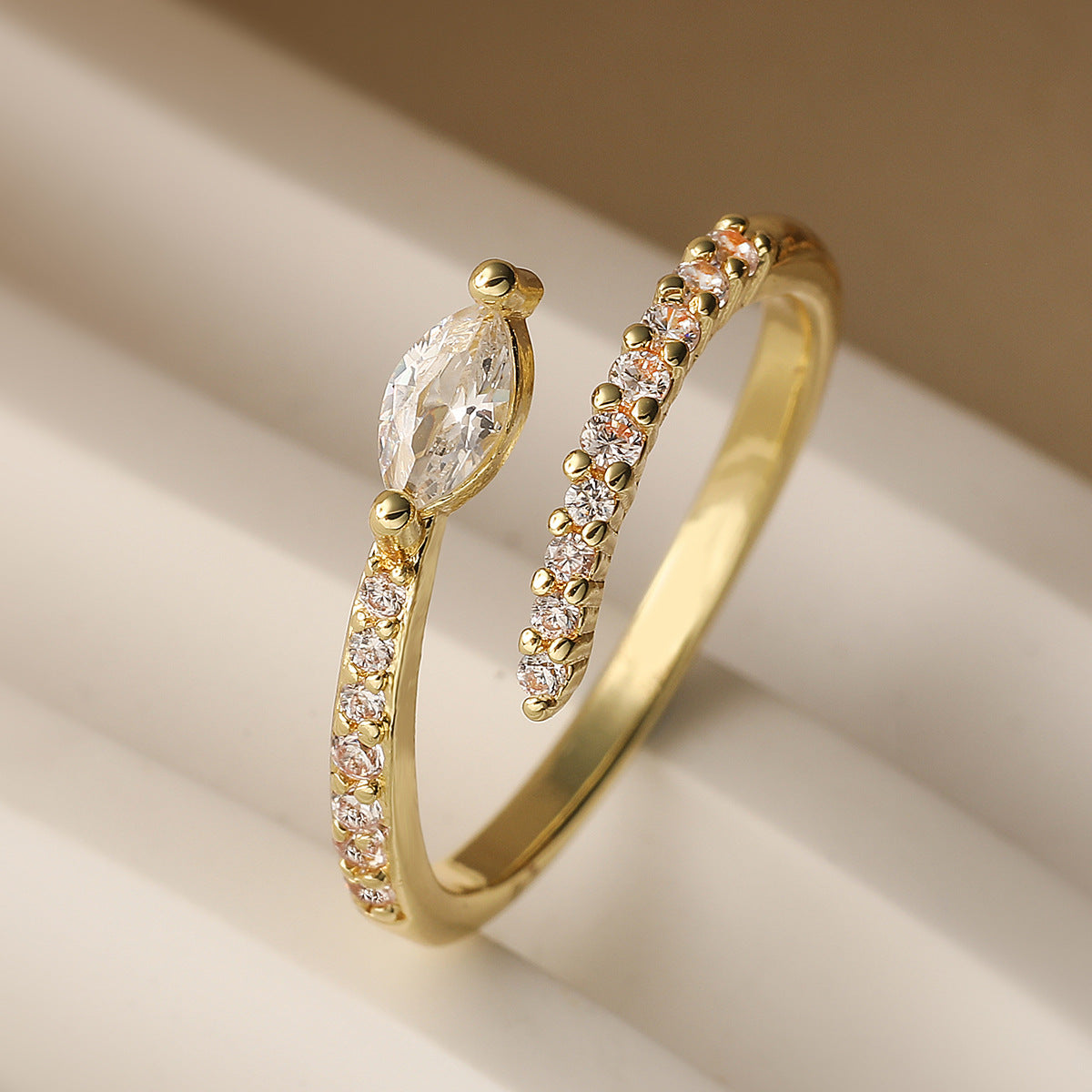 Minimalist Geometric Open Ring for Women Made of Brass with 18K Gold Plating and Zircon Inlay
