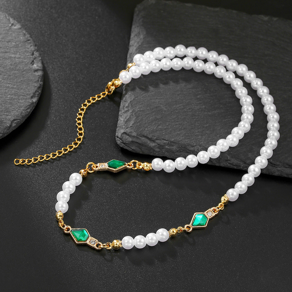 Unique Geometric Imitation Pearl Plated Ball Chain Necklace with Rhinestone Inlay for Unisex