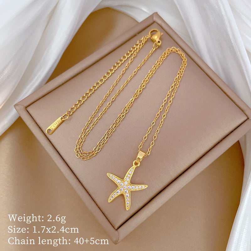 Collana Minimalista a Forma di Stella in Acciaio al Titanio con Intarsi di Strass per Donna e Uomo, Delicata Catena Clavicolare