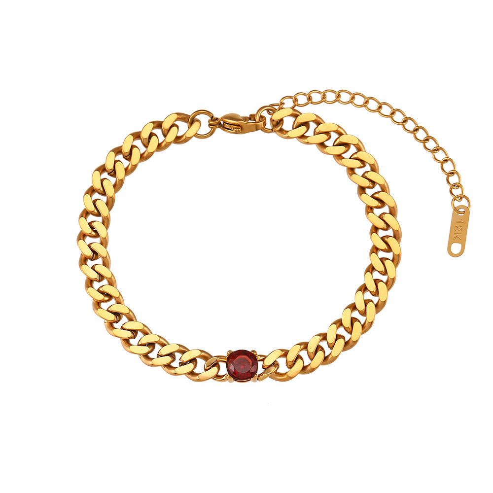 Fashion Geometric 18K Gold Plated Stainless Steel Cuban Chain Necklace with Round Zircon for Women