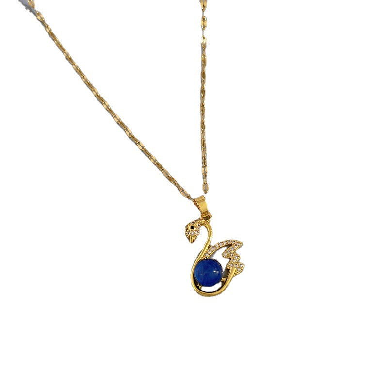 Collana in Acciaio al Titanio con Cigno Geometrico in Stile Esotico per Donna con Dettagli in Strass e Catena Regolabile