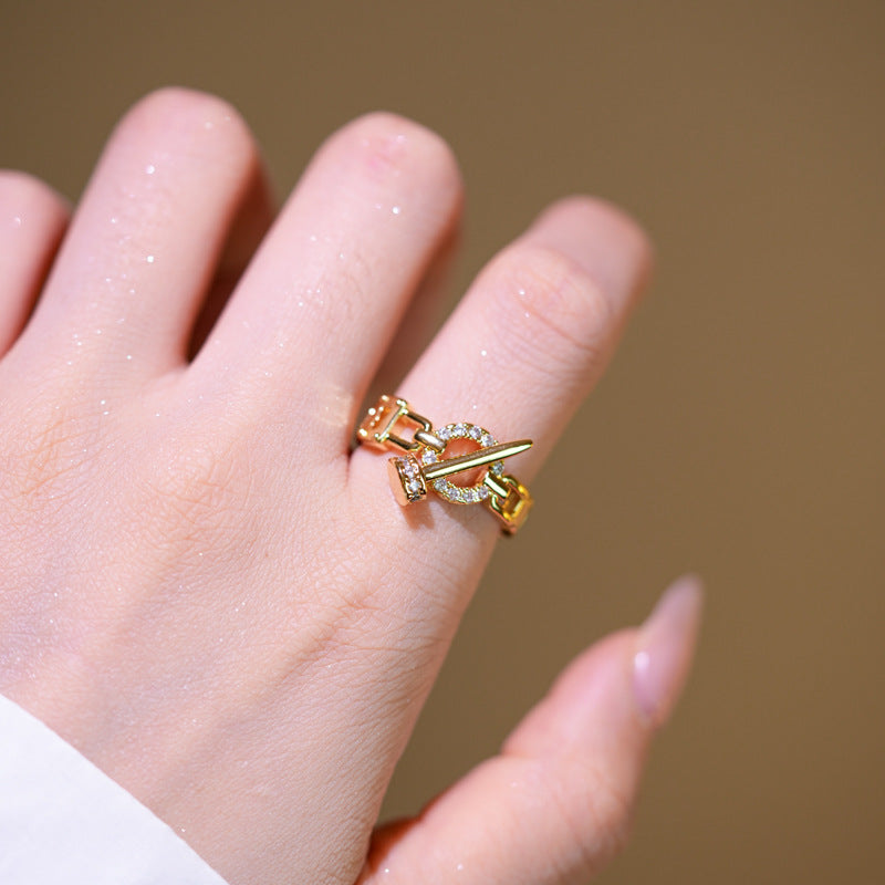 Luxury Minimalist Adjustable Open Ring for Women with Gold-Plated Copper Band and Zircon Stone Accent in Heart and Floral Shape