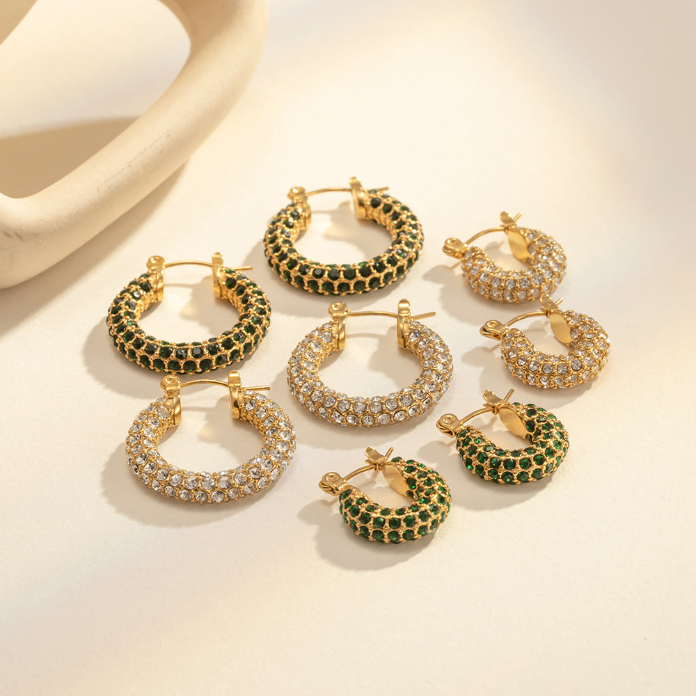 Minimalist Geometric Stainless Steel Hoop Earrings with 18K Gold Plating and White Square Cubic Zirconia Inlay