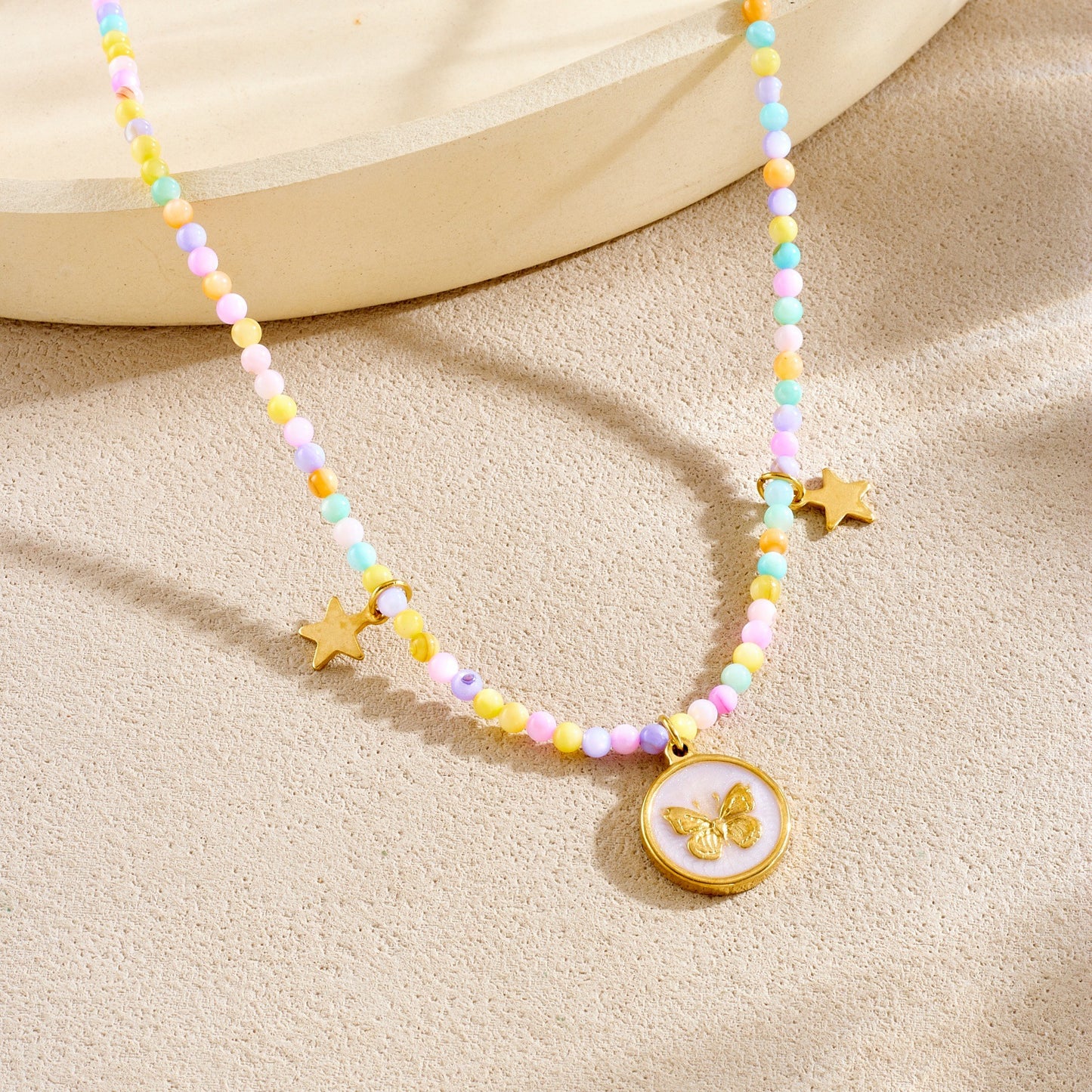 Sweet Bohemian Colorful Drip Oil Butterfly Star Round Stainless Steel Beaded Necklace