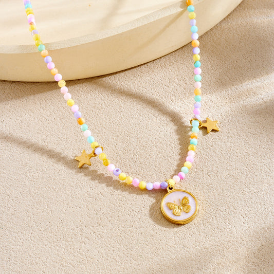 Sweet Bohemian Colorful Drip Oil Butterfly Star Round Stainless Steel Beaded Necklace