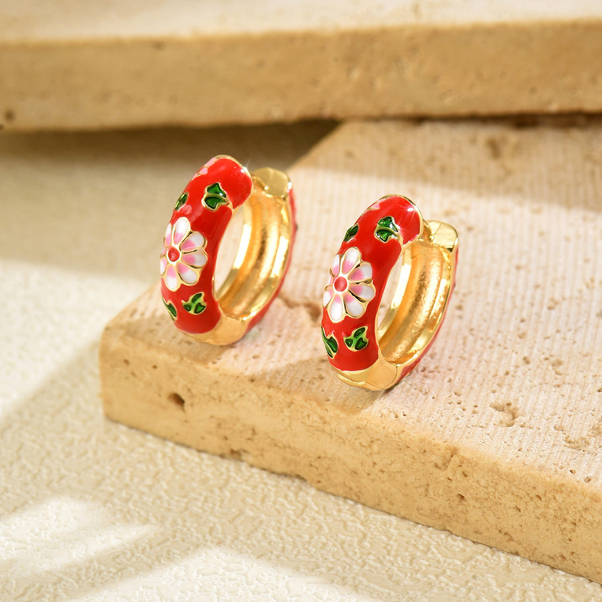 Vintage Floral Enamel Earrings for Women with Geometric Shape and Eco-Friendly Copper Post