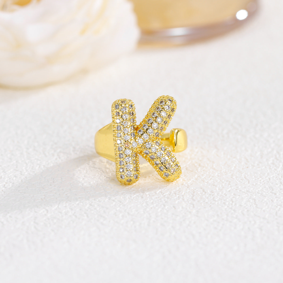 Sweet Plated Brass Letter Ring with Cubic Zirconia Adjustable Open Ring for Women and Men