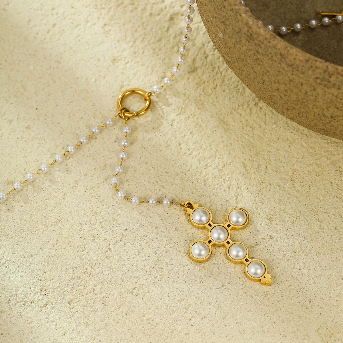 Collar Pendiente Cruz Ajustable Inspirado en lo Vintage para Mujer Acero Inoxidable con Incrustaciones de Perlas Estilo Oficina Elegante Cadena para Clavícula