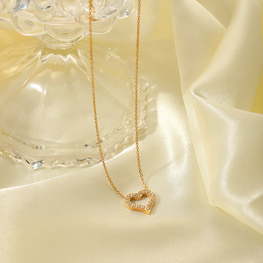 18K Gold Plated Stainless Steel Hollow Heart Pendant Necklace with Cubic Zirconia for Women