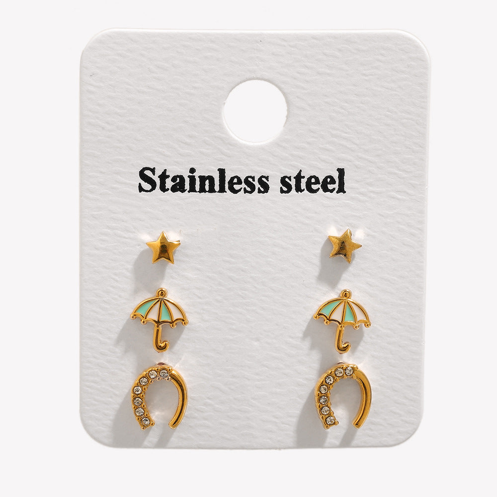 Pendientes Minimalistas Geométricos de Acero Inoxidable con Baño de Oro de 18K, Dijes de Estrella y Paraguas, y Diseño de Aro